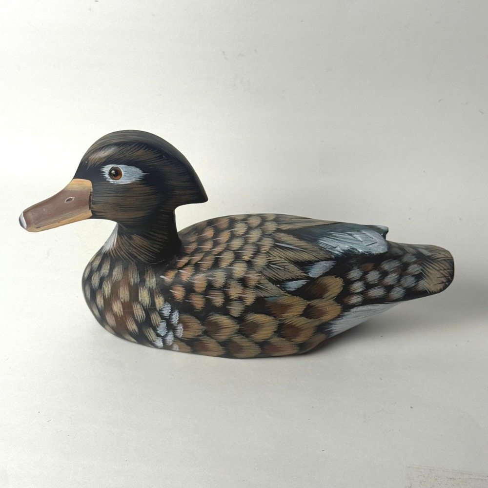Vintage Hand Painted Wooden Duck Decoy Figurine Brown Tan 10 Inch Folk Art